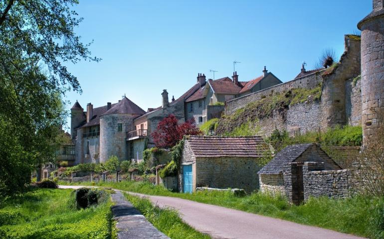 Medieval facades with city wall in Noyers-sur-Serein, Yonne, Bourgogne, Burgundy France