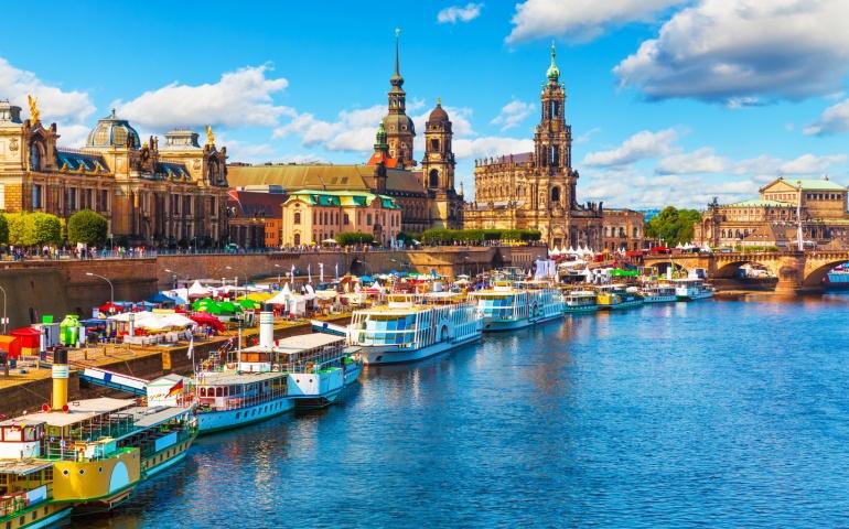 Scenic view of the Old Town architecture with Elbe River embankment in Dresden, Saxony
