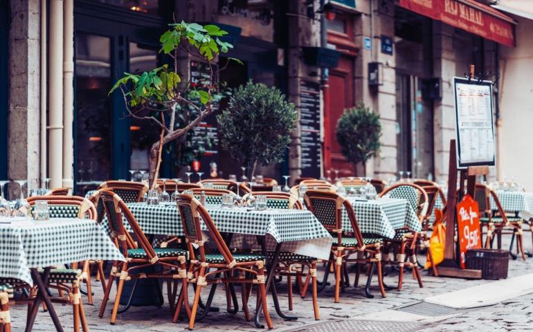 Cafe and street in Old Lyon, France