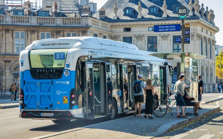Electric public transport bus in a street of Paris, France