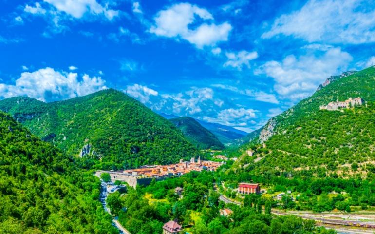 Aerial view of Villefranche de Conflent village in France
