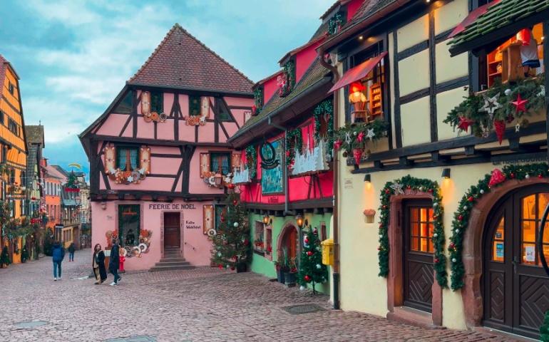 Christmas street decorations, Christmas market Riquewihr, Alsace, France
