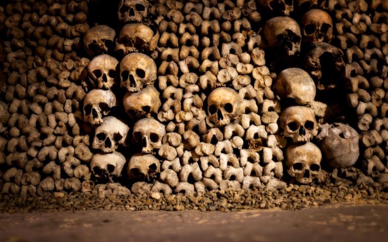 Skulls and bones in the Paris Catacombs, France