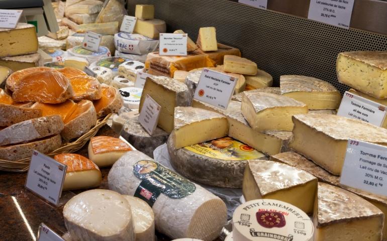 Cheese varieties for sale, Paris, France