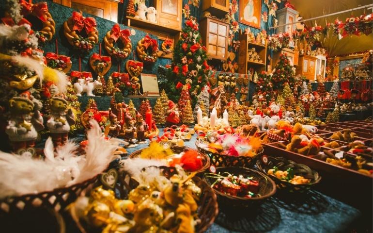 Decorations for sale at a Christmas market in Strasbourg, Alsace, France