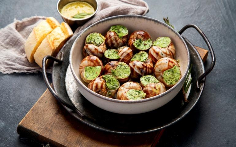 Snails with herbs butter,  French traditional food with parsley and bread on grey background. 