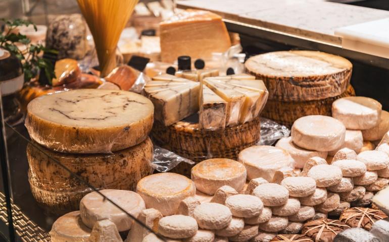 Traditional French cheese sold in Lyon, France