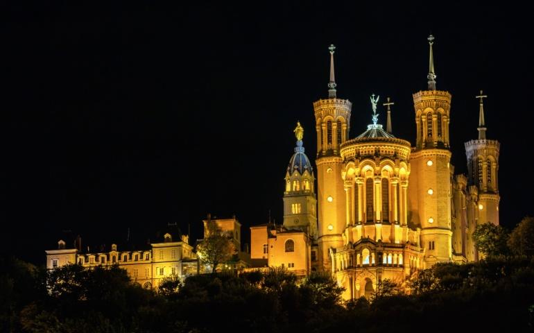 The Basilica Notre Dame de fourviere in Lyon, France at night