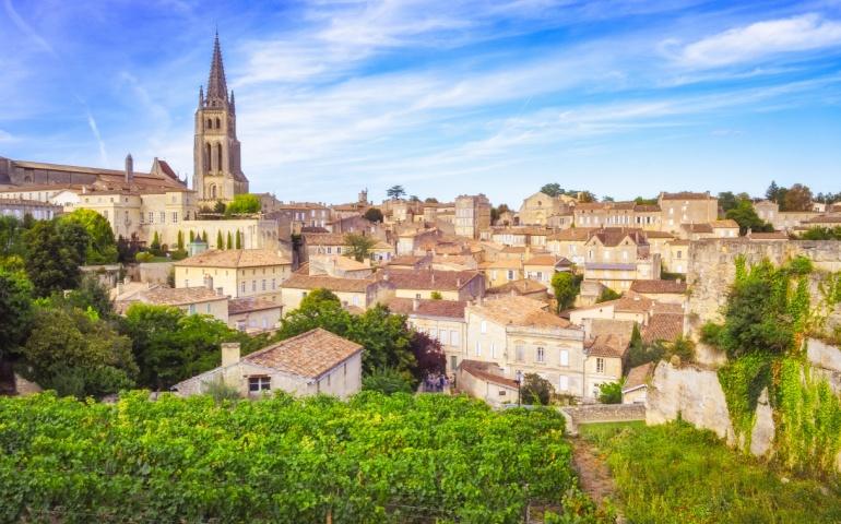 Colorful landscape view of Saint Emilion village in Bordeaux region, France