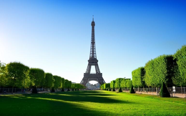 Eiffel Tower view from Champ de Mars in Paris, France