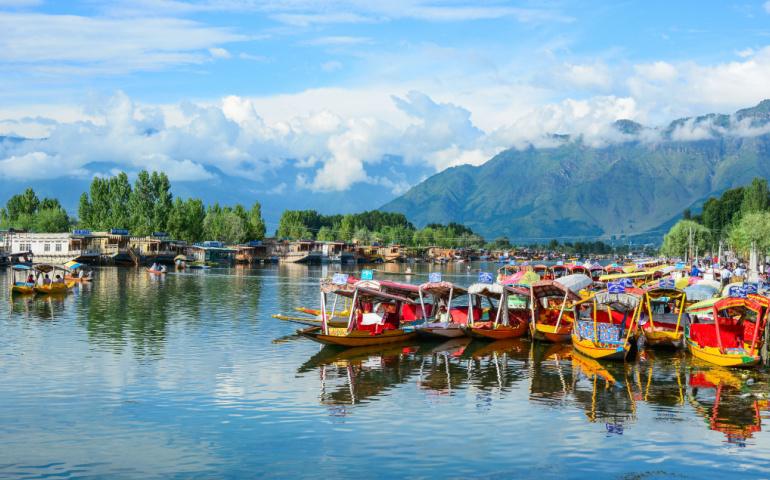 Shikaras and houseboats on Dal Lake in Srinagar.