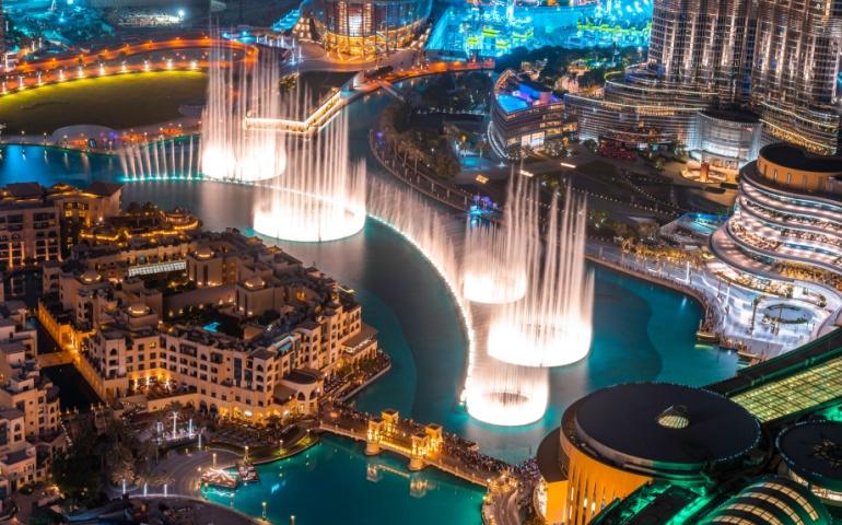 Aerial view of the Dubai Fountain