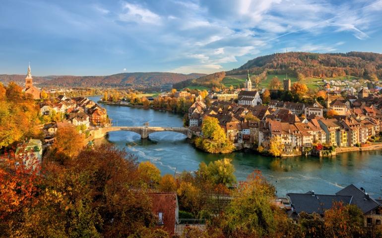 Laufenburg Old Town on the Rhine River is a popular day trip spot near Basel, Switzerland, right on the Swiss-German border