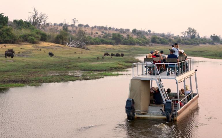 Boat cruise on the Chobe River, between Botswana and Namibia, near a wildlife-rich channel
