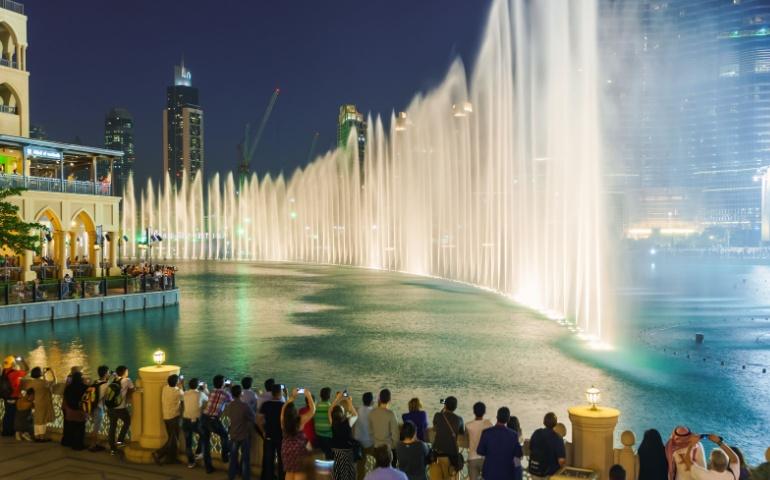 The Dubai Fountain is the world's largest choreographed fountain system, set on the 30-acre manmade Burj Khalifa Lake