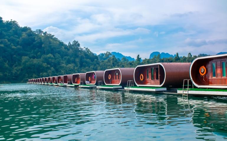Capsule houses on the water in Thailand on Lake Cheo Lan. 