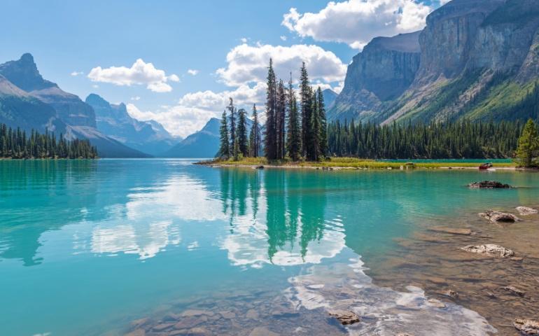 Spirit Island reflection and Maligne Lake, Jasper national park, Canada.