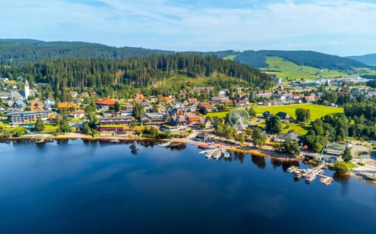 Aerial drone view of Lake Titisee in the Black Forest, Germany