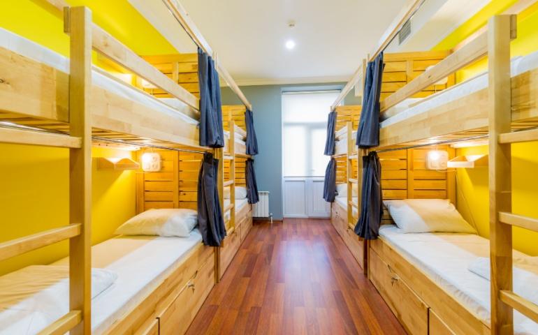 Hostel dormitory beds arranged in room