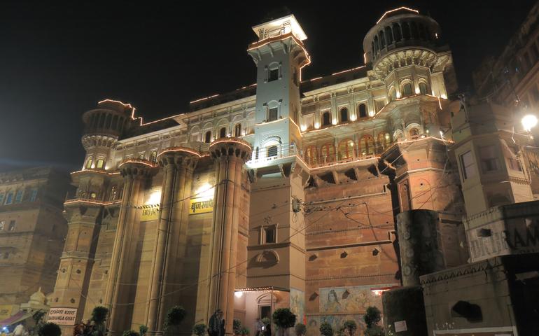 Historical architecture Brijrama Palace at Darbhanga Ghat in Varanasi India.