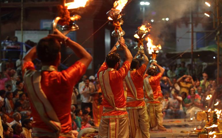 Hindu priests perform the Ganga Aarti ritual