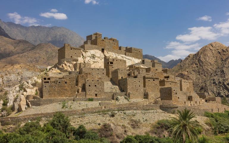 Panoramic view of Thee Ain (Dhee Ayn) heritage village in the Al-Baha region of Saudi Arabia