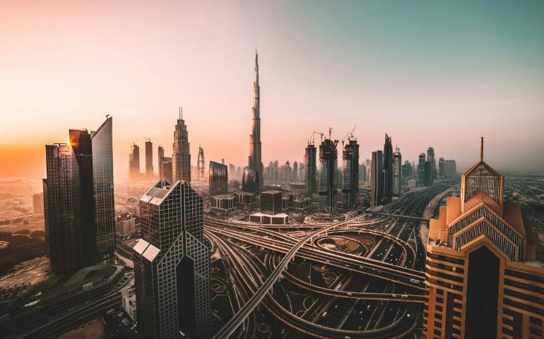 Sunrise Shot of Downtown Dubai and Burj Khalifa
