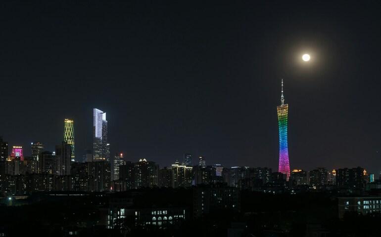 Canton Tower lit up in colours