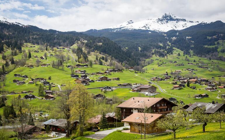 Brown House under blue skies at Interlaken, BE, Switzerland