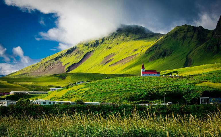 Green Field near Mountain at Vik, Iceland