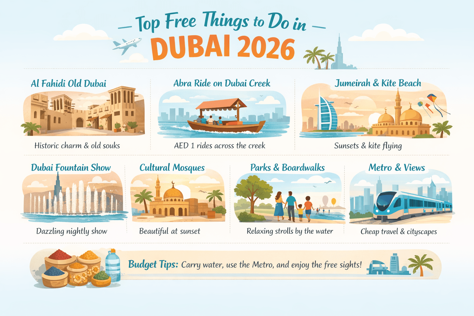 Representative Image: Visual summary of free things to do in Dubai that make the city budget-friendly and unforgettable.