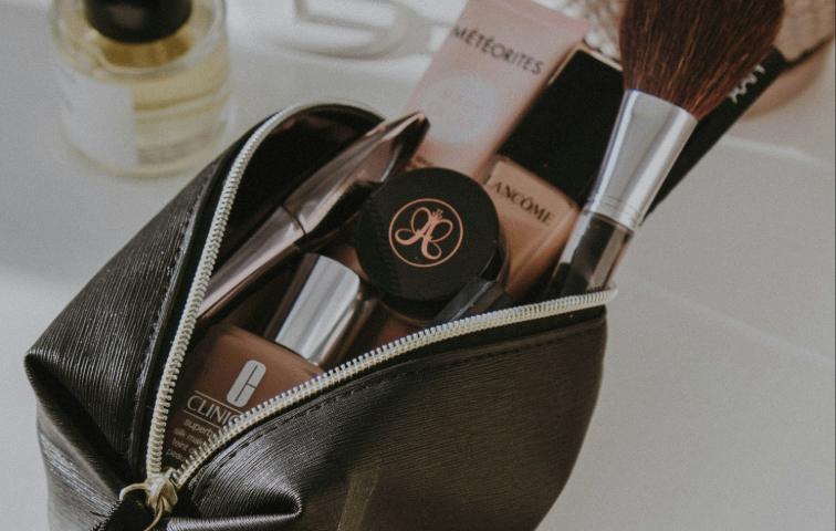 Black Leather Bag With Makeup Brushes and Makeup Brushes
