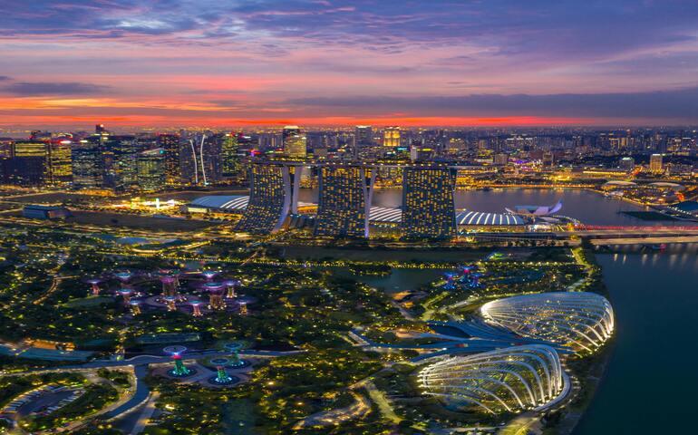 Aerial view of Singapore Skyline at Twilight

