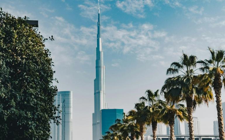 A serene cityscape with the iconic Burj Khalifa