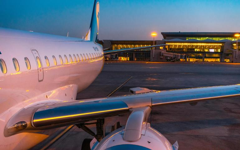 Closeup of an Airplane on an Airport at Dusk