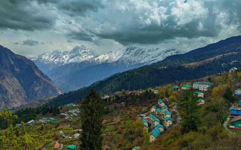 a view of a small village in the mountains of Auli, Uttarakhand
