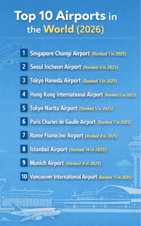 List of top 10 airports in the world 2026