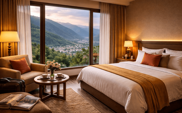 Simple room, warm light, and mountain air drifting through the curtains.