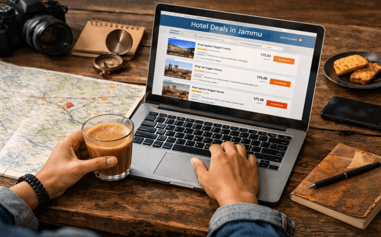 The classic travel ritual — chai, Wi-Fi, and hunting for hotel deals.