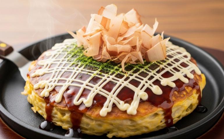 Japanese Okonomiyaki - savory pancake topped with bonito flakes and sauce