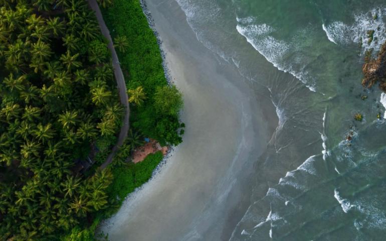 Kannur beach scenery view from above, Drone shot of Muzhappilangad beach.