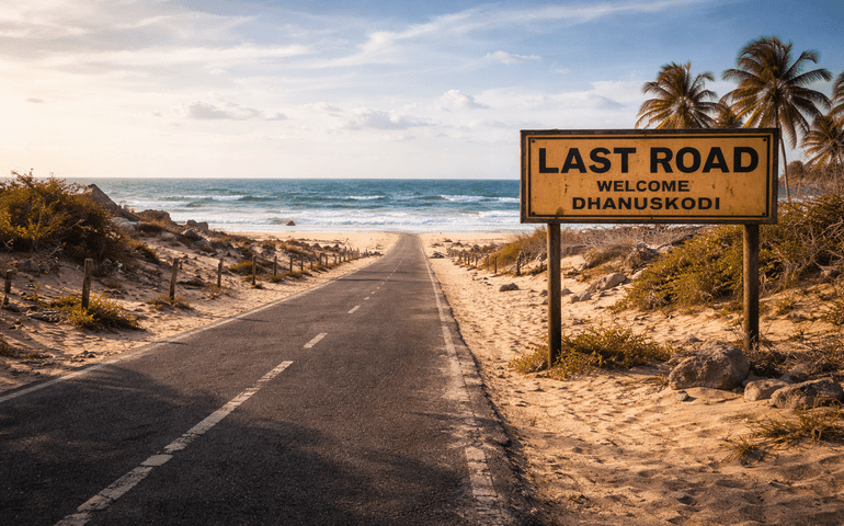 The road leading toward the ocean or a “last road” landmark sign near Dhanushkodi
