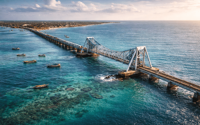 Pamban Bridge connecting mainland India to Rameswaram.