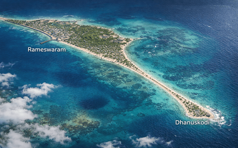 Satellite or aerial map-style view showing Rameswaram island and the thin stretch toward Dhanushkodi.