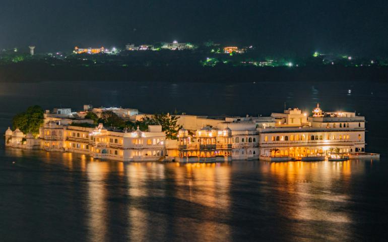 Jagmandir palace in Lake Pichola during Night-time in Udaipur