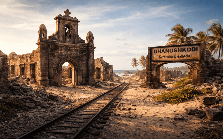 Ruins of the abandoned Dhanushkodi town (church remains or railway station).