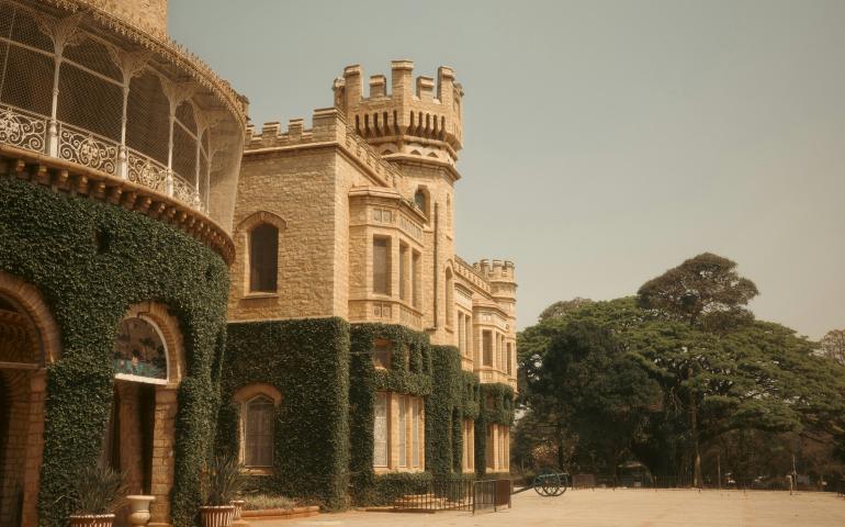A historic castle with ivy climbing its walls.

