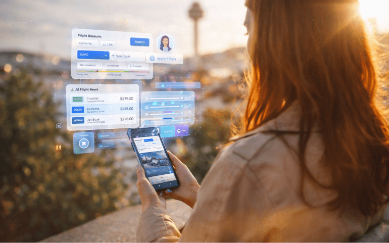 AI Generated image of a woman searching filter to search flights