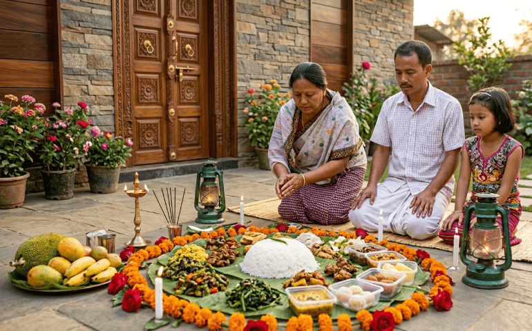 A representational image of a family celebrating Sajibu Cheiraoba
