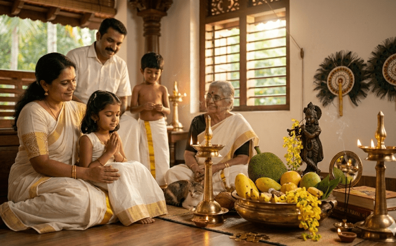 A representational image of a family celebrating Vishu